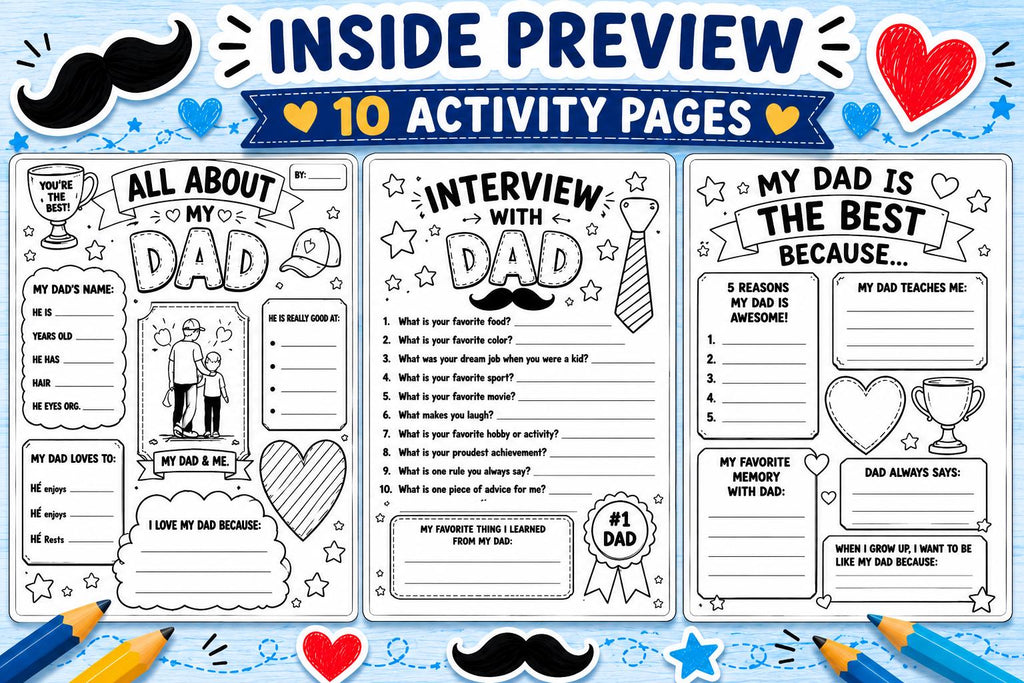 Father’s Day Activity Pack for Kids, All About Dad Worksheet, Dad Coupons, Letter to Dad & Coloring Pages
