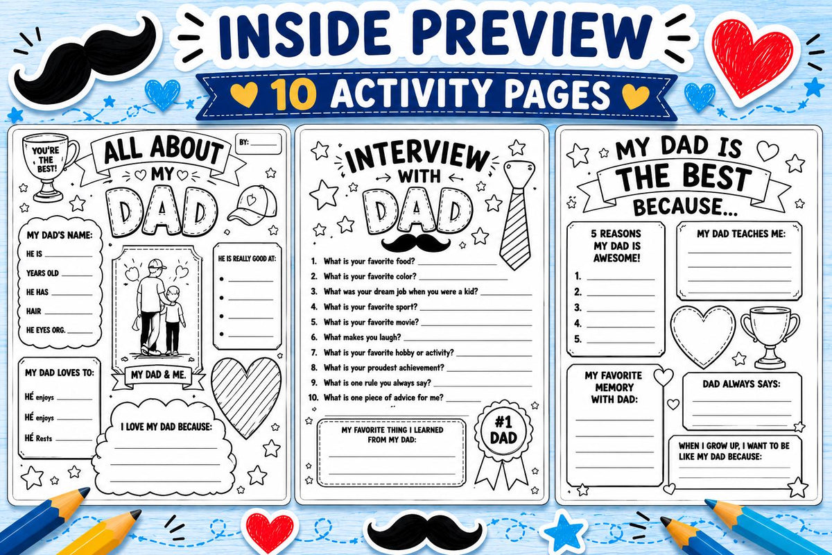Father’s Day Activity Pack for Kids, All About Dad Worksheet, Dad Coupons, Letter to Dad & Coloring Pages