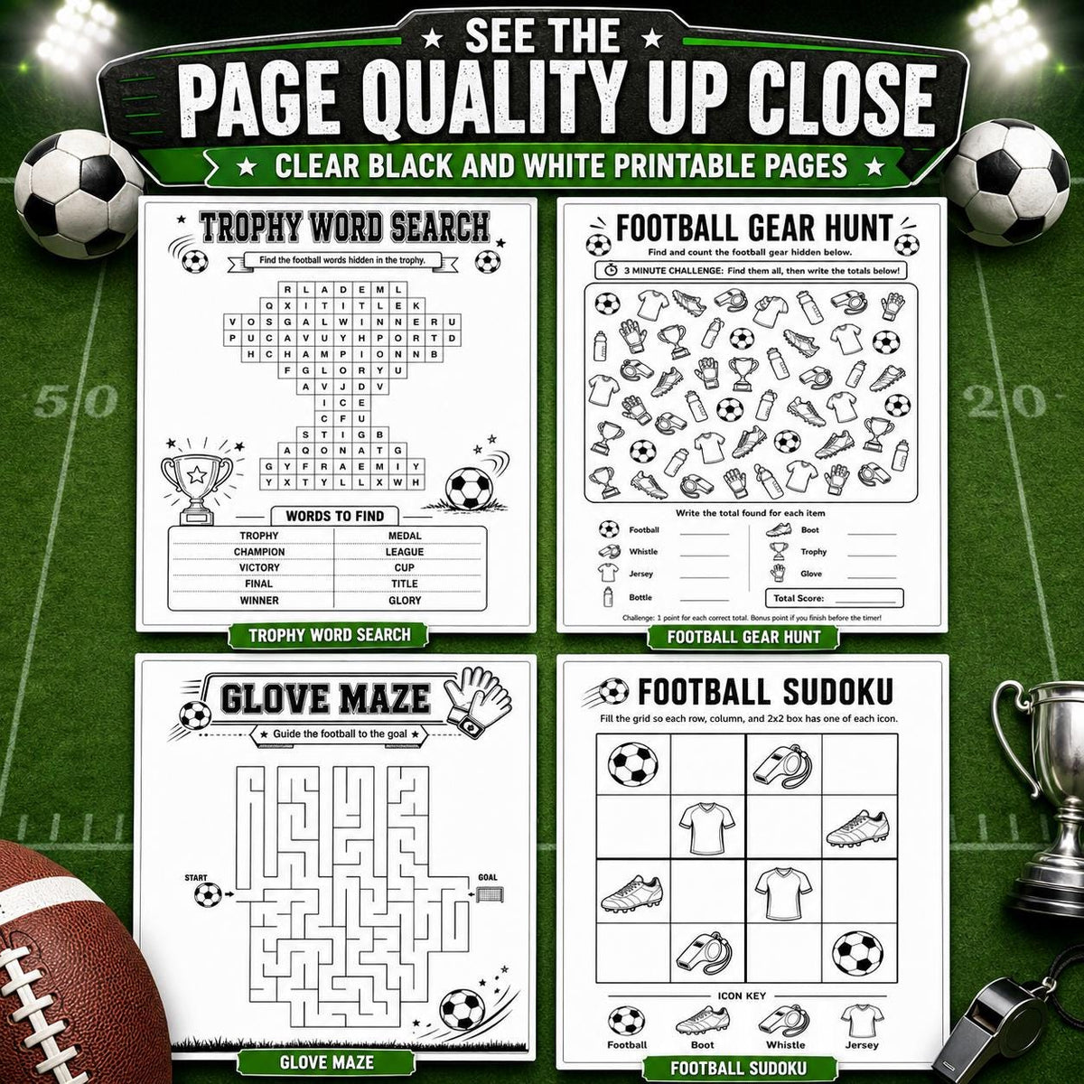 Football Activity Pack, Printable Soccer Activity Pages, Football Puzzles, Football Word Search, Maze, Crossword, Puzzle Games