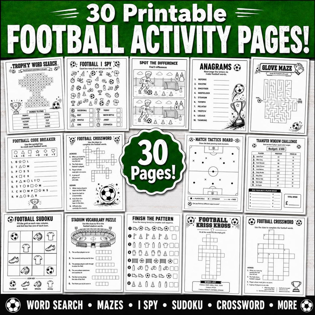 Football Activity Pack, Printable Soccer Activity Pages, Football Puzzles, Football Word Search, Maze, Crossword, Puzzle Games
