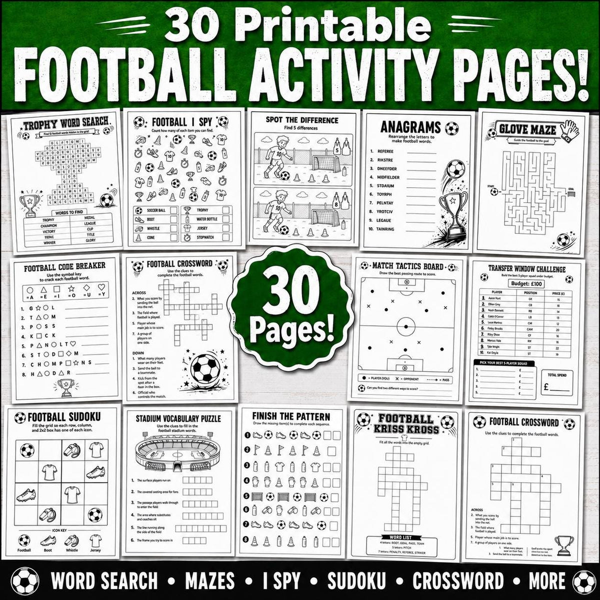 Football Activity Pack, Printable Soccer Activity Pages, Football Puzzles, Football Word Search, Maze, Crossword, Puzzle Games