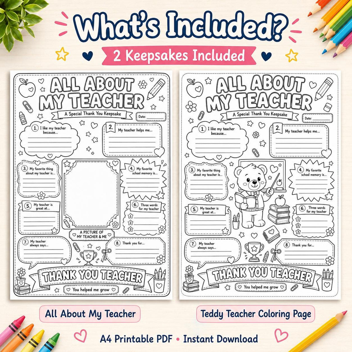 All About My Teacher Printable Gift | Teacher Thank You Keepsake | Kids Fill In The Blank Worksheet | Teacher Coloring Page | Instant PDF