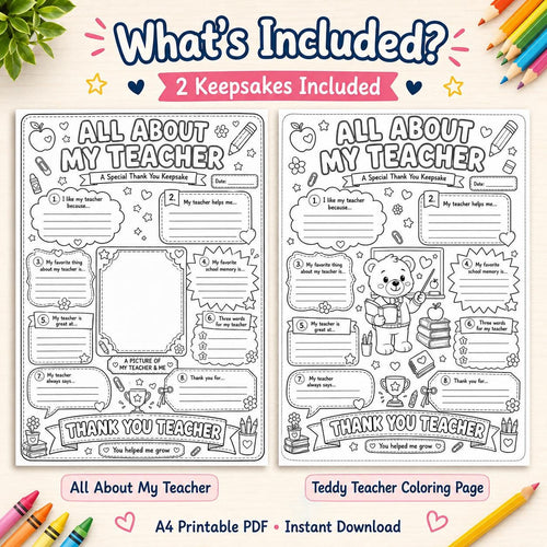 All About My Teacher Printable Gift | Teacher Thank You Keepsake | Kids Fill In The Blank Worksheet | Teacher Coloring Page | Instant PDF