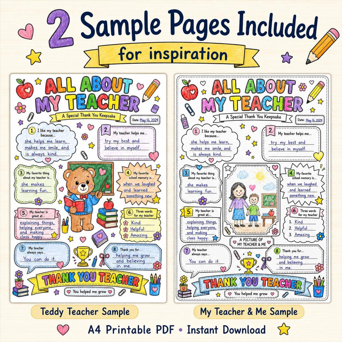 All About My Teacher Printable Gift | Teacher Thank You Keepsake | Kids Fill In The Blank Worksheet | Teacher Coloring Page | Instant PDF