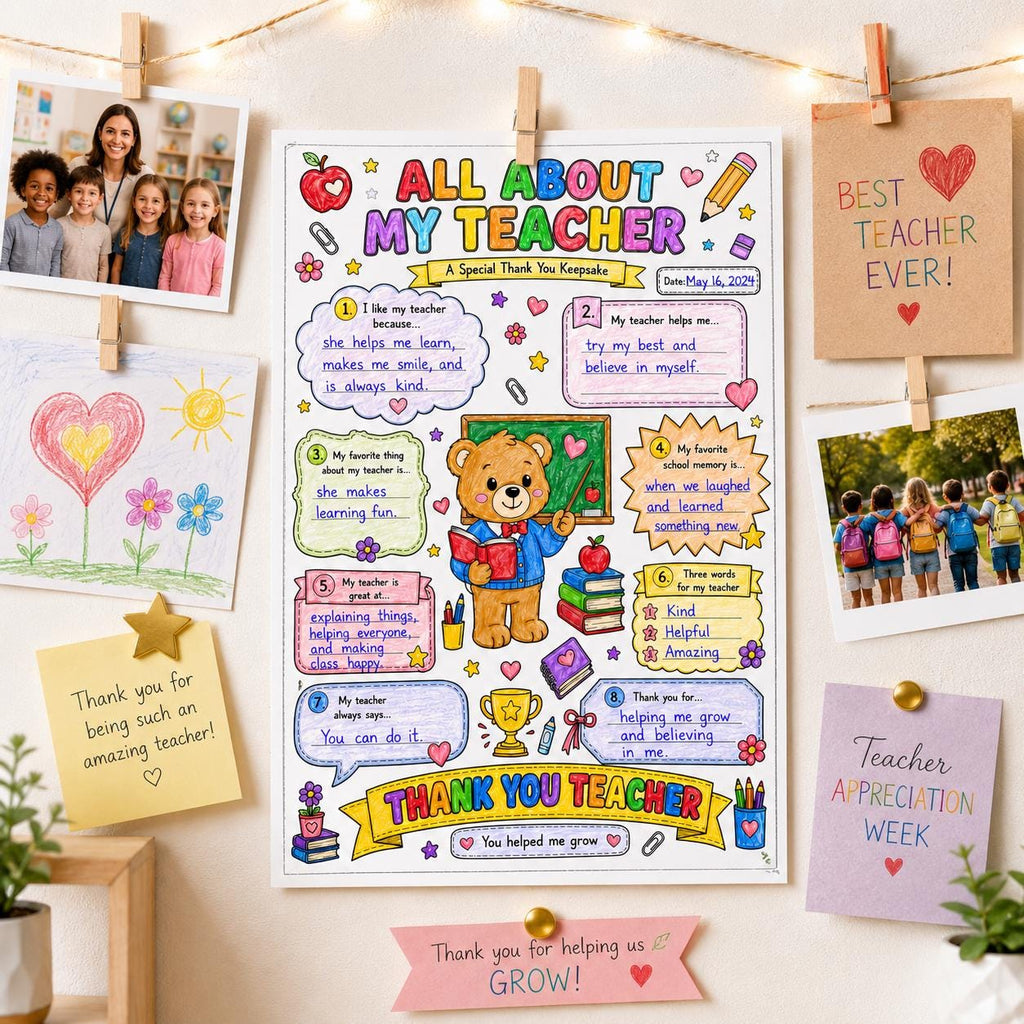 All About My Teacher Printable Gift | Teacher Thank You Keepsake | Kids Fill In The Blank Worksheet | Teacher Coloring Page | Instant PDF