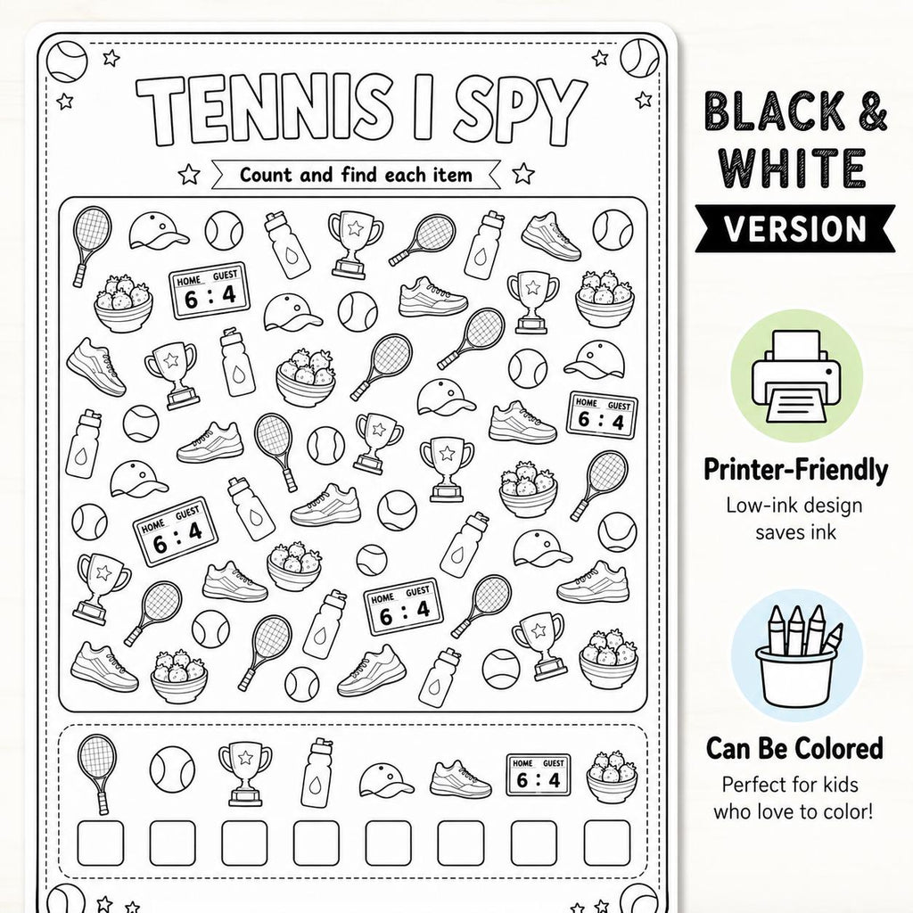 Tennis I Spy Printable, Tennis Activity Sheet for Kids, Kids Party Game, Sports I Spy Worksheet, Summer Camp Activity, Printable Game PDF