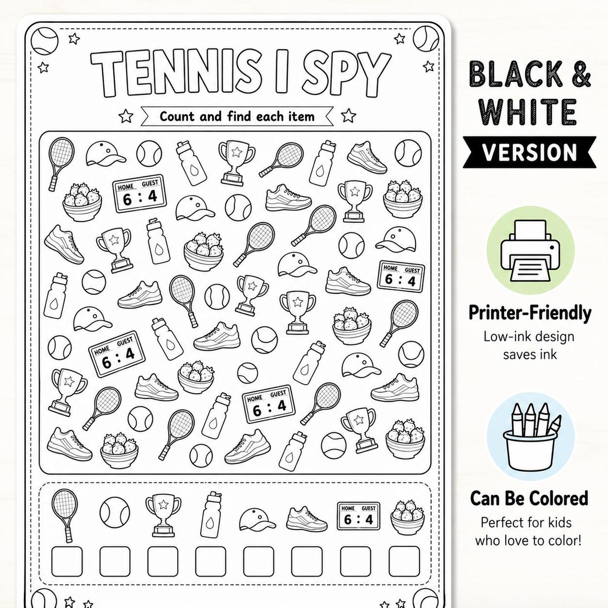 Tennis I Spy Printable, Tennis Activity Sheet for Kids, Kids Party Game, Sports I Spy Worksheet, Summer Camp Activity, Printable Game PDF