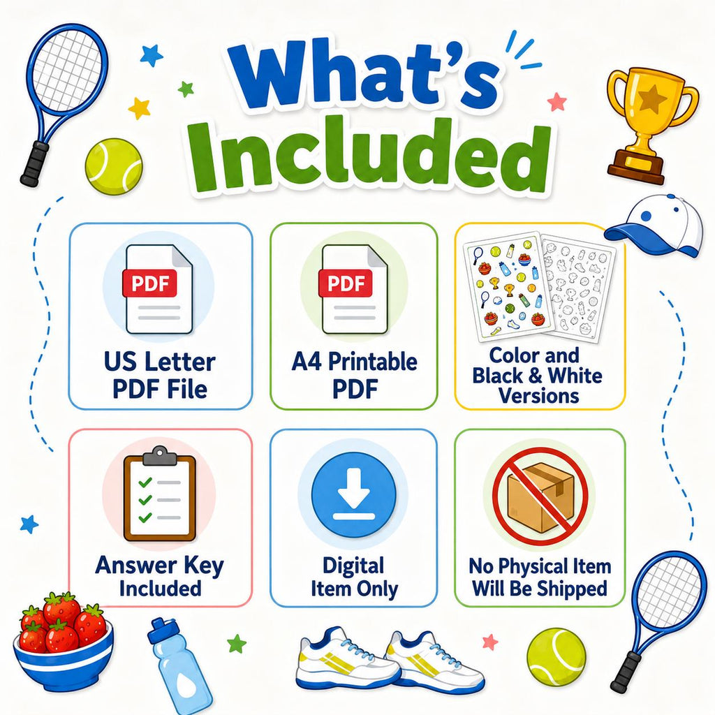 Tennis I Spy Printable, Tennis Activity Sheet for Kids, Kids Party Game, Sports I Spy Worksheet, Summer Camp Activity, Printable Game PDF