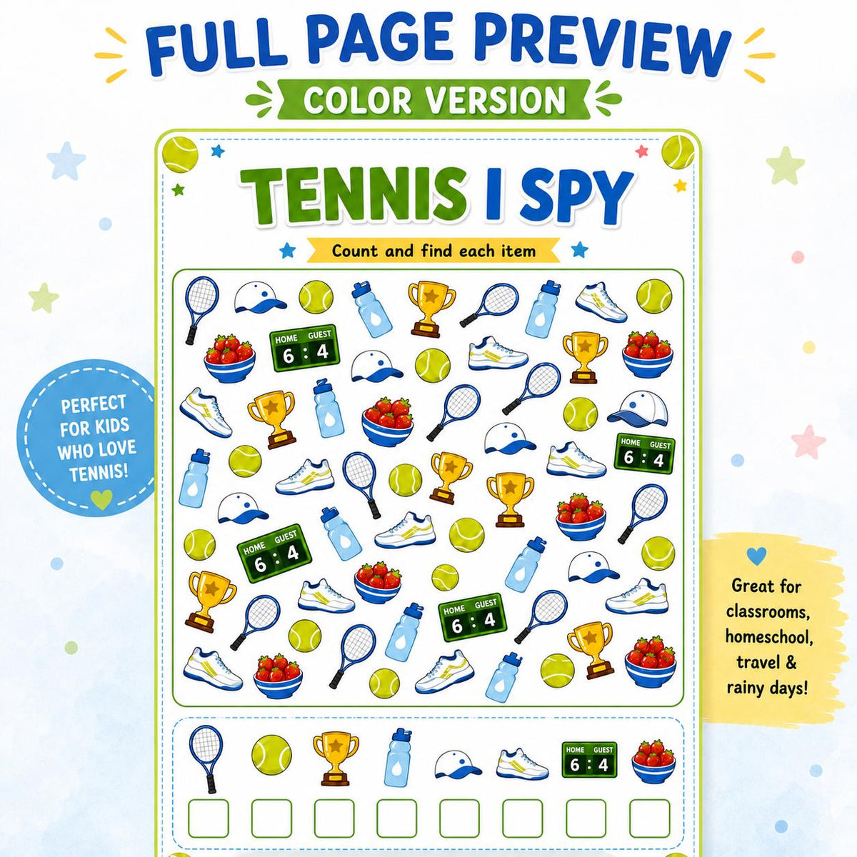 Tennis I Spy Printable, Tennis Activity Sheet for Kids, Kids Party Game, Sports I Spy Worksheet, Summer Camp Activity, Printable Game PDF