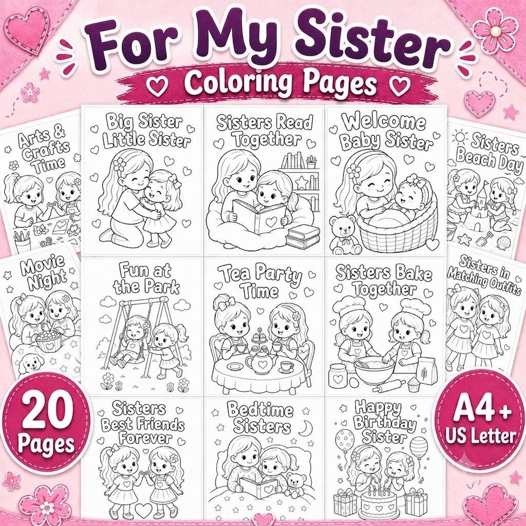 Sister Coloring Pages Printable, Big Sister Little Sister Coloring Book, Gift for Sister, Sister Birthday Activity, Sist