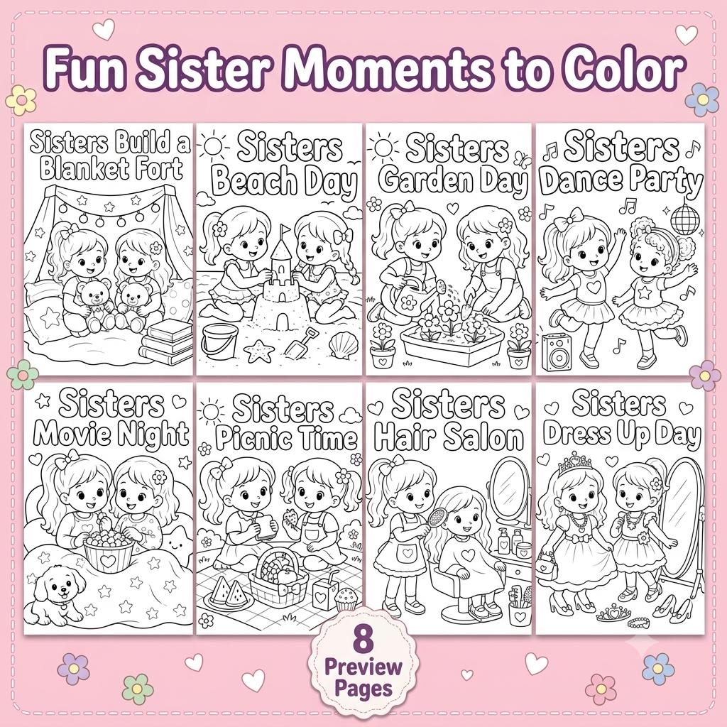 Sister Coloring Pages Printable, Big Sister Little Sister Coloring Book, Gift for Sister, Sister Birthday Activity, Sister Pages