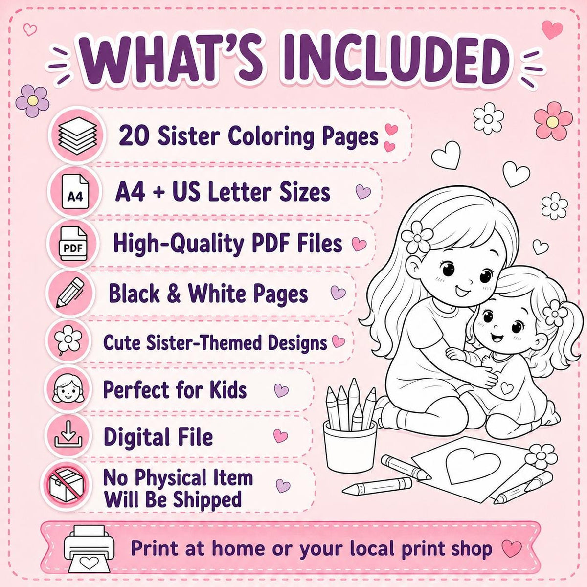 Sister Coloring Pages Printable, Big Sister Little Sister Coloring Book, Gift for Sister, Sister Birthday Activity, Sister Pages