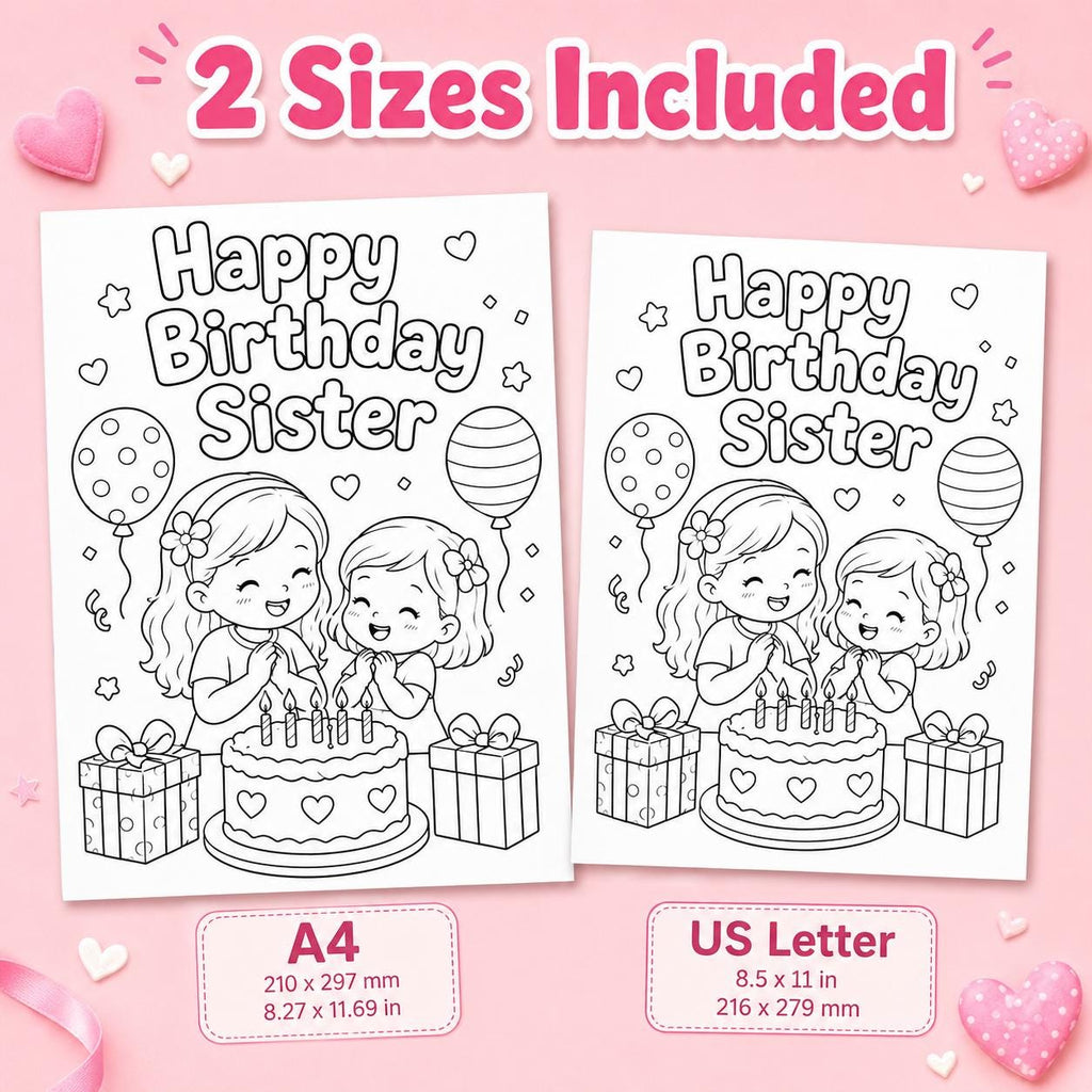 Sister Coloring Pages Printable, Big Sister Little Sister Coloring Book, Gift for Sister, Sister Birthday Activity, Sister Pages