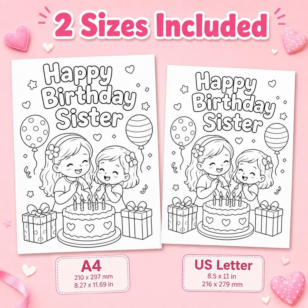 Sister Coloring Pages Printable, Big Sister Little Sister Coloring Book, Gift for Sister, Sister Birthday Activity, Sister Pages