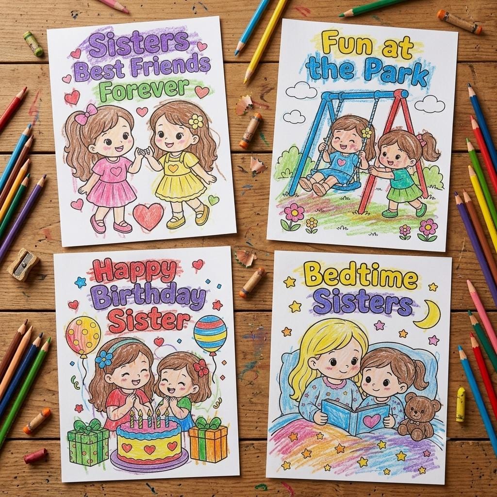 Sister Coloring Pages Printable, Big Sister Little Sister Coloring Book, Gift for Sister, Sister Birthday Activity, Sister Pages