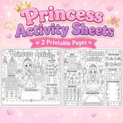 Princess Activity Sheets Printable, Princess Birthday  Activity Pages, Kids Party Activity, Princess Coloring Page, A4 D