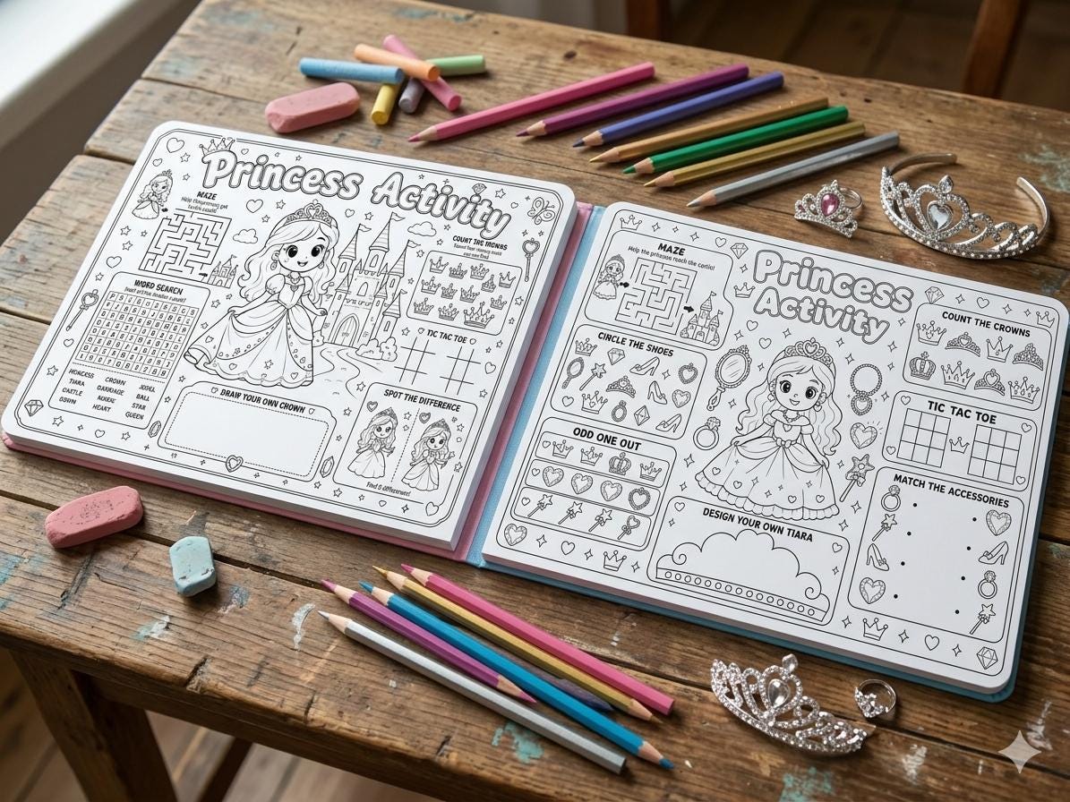 Princess Activity Sheets Printable, Princess Birthday  Activity Pages, Kids Party Activity, Princess Coloring Page, A4 Digital Download