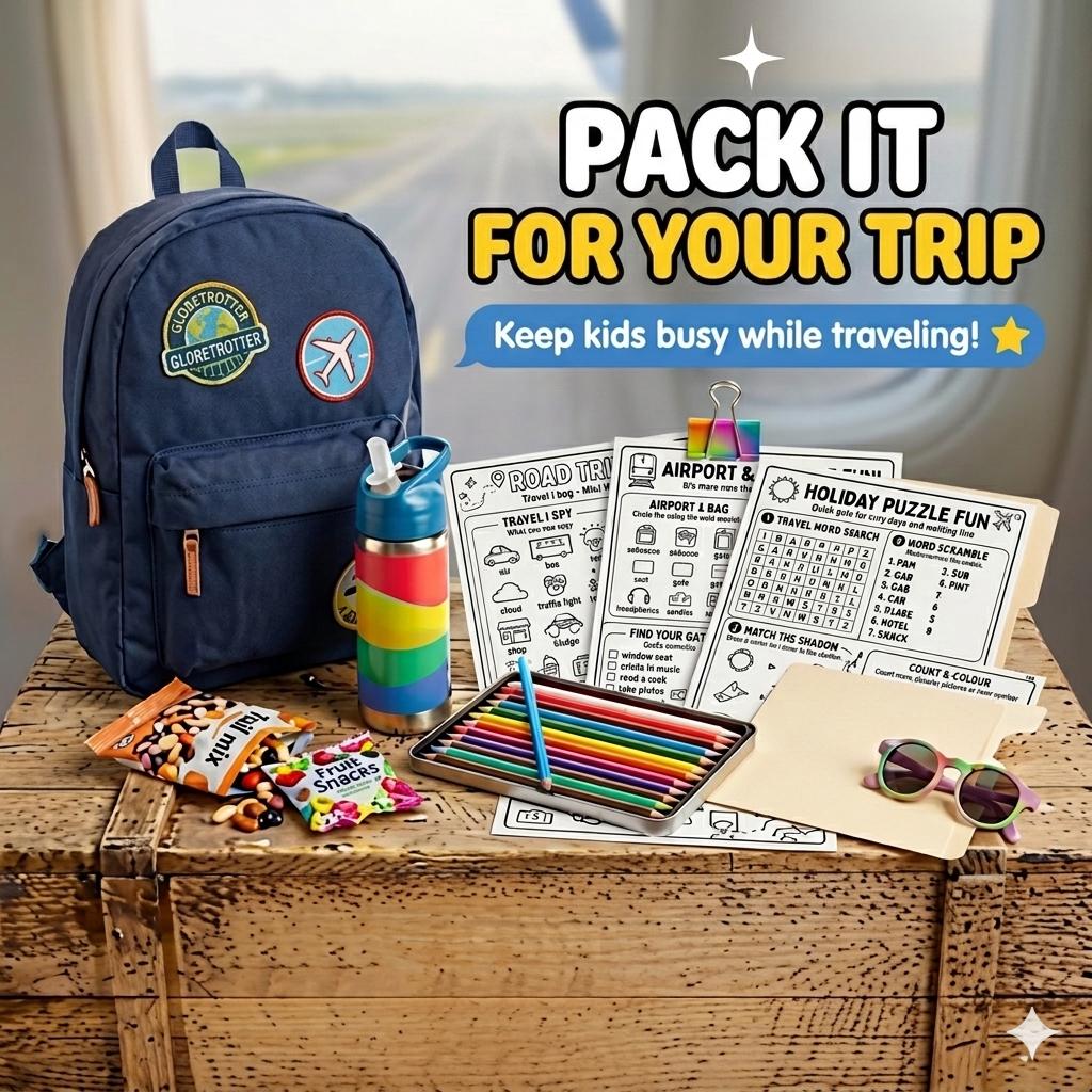 Holiday Travel Activity Pack Printable, Kids Road Trip Games, Airport & Plane Activities, Flight Activities, Puzzle Sheets, Travel Journal