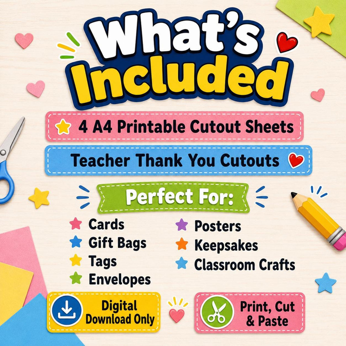 Teacher Cutouts Printable, Thank You Gift for Teacher, Teacher Card Making Craft, Teachers Day Gift, End of Year Teacher Gift, A4 PDF