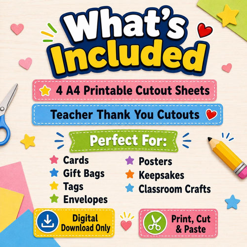 Teacher Cutouts Printable, Thank You Gift for Teacher, Teacher Card Making Craft, Teachers Day Gift, End of Year Teacher Gift, A4 PDF