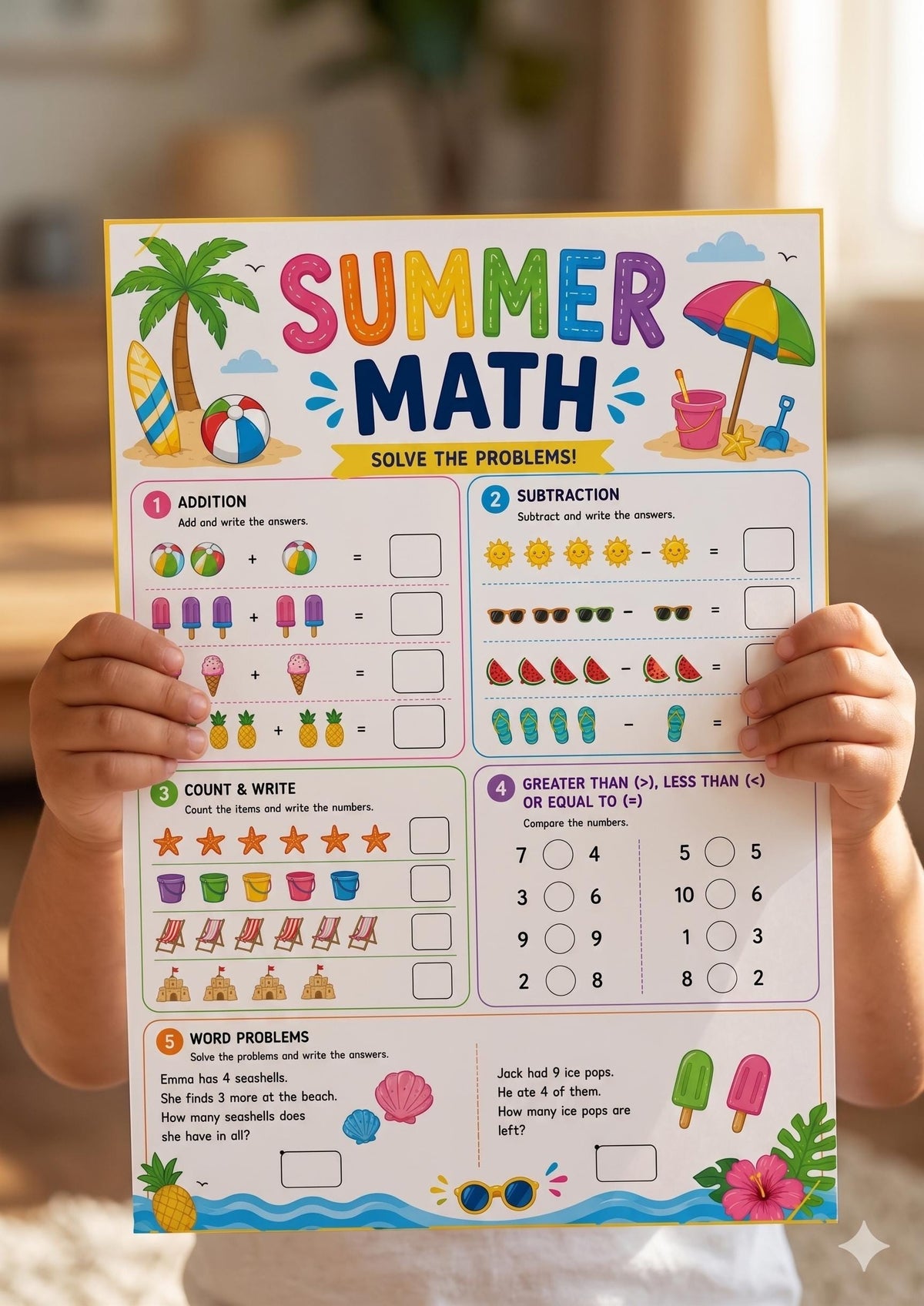 Summer Activity Pack Printable, 15 Kids Summer Worksheets, Summer Coloring Pages, Word Search, I Spy, Cut and Paste, Maze, Math PDF