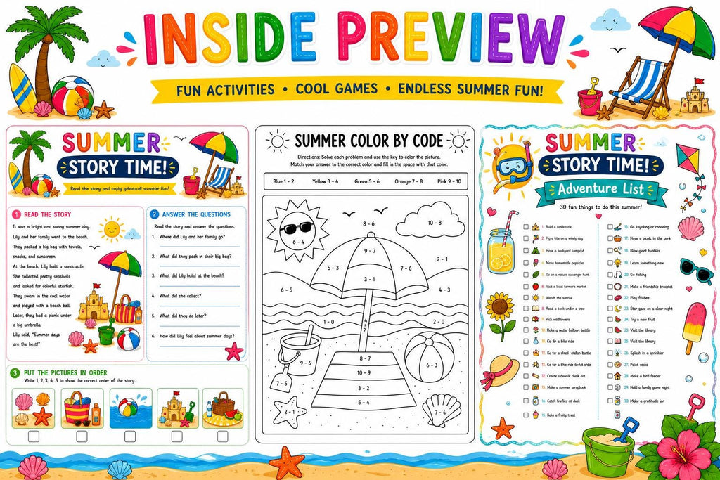 Summer Activity Pack Printable, 15 Kids Summer Worksheets, Summer Coloring Pages, Word Search, I Spy, Cut and Paste, Maze, Math PDF