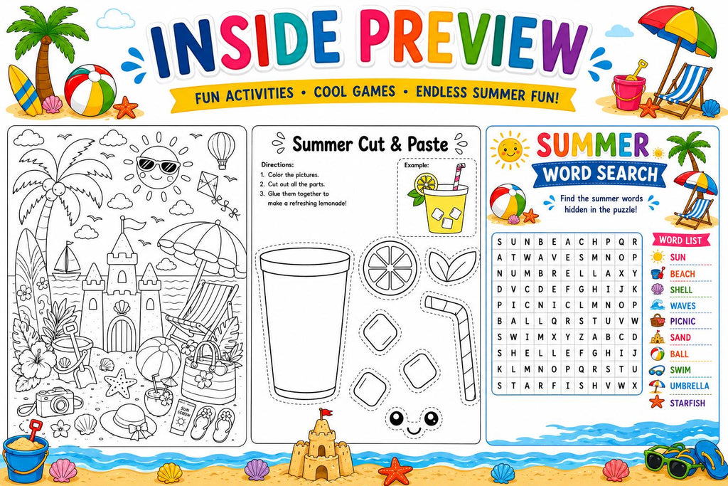 Summer Activity Pack Printable, 15 Kids Summer Worksheets, Summer Coloring Pages, Word Search, I Spy, Cut and Paste, Maze, Math PDF