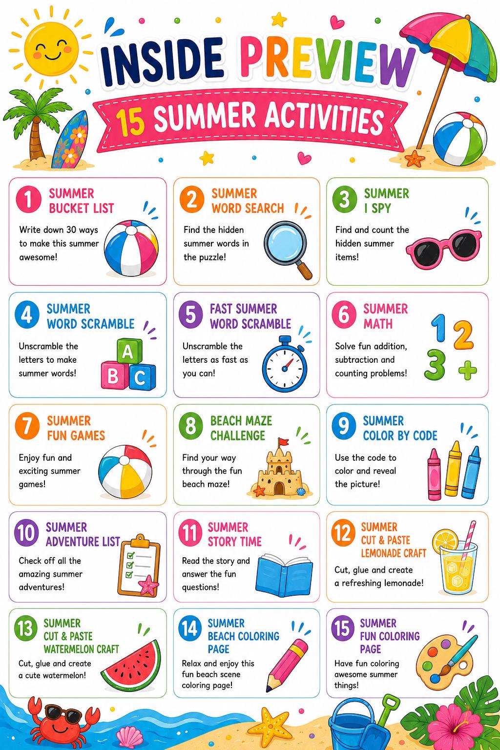 Summer Activity Pack Printable, 15 Kids Summer Worksheets, Summer Coloring Pages, Word Search, I Spy, Cut and Paste, Maze, Math PDF