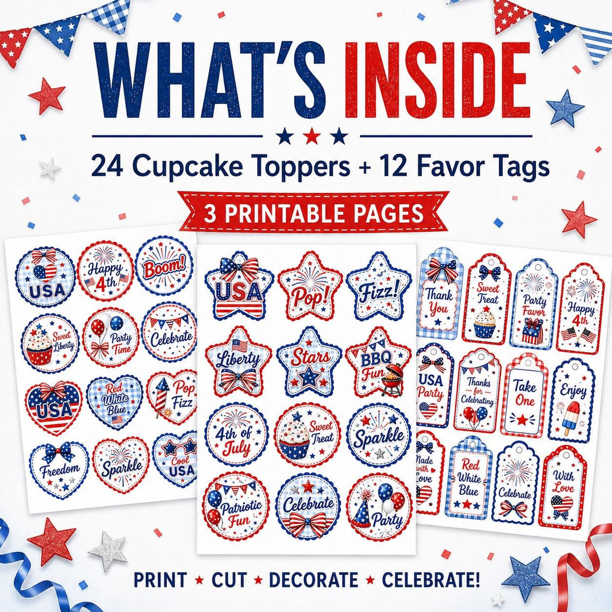 4th of July Cupcake Toppers and Favor Tags Printable, Patriotic Party Decorations, USA Party Decor, Independence Day Treat Tags PDF