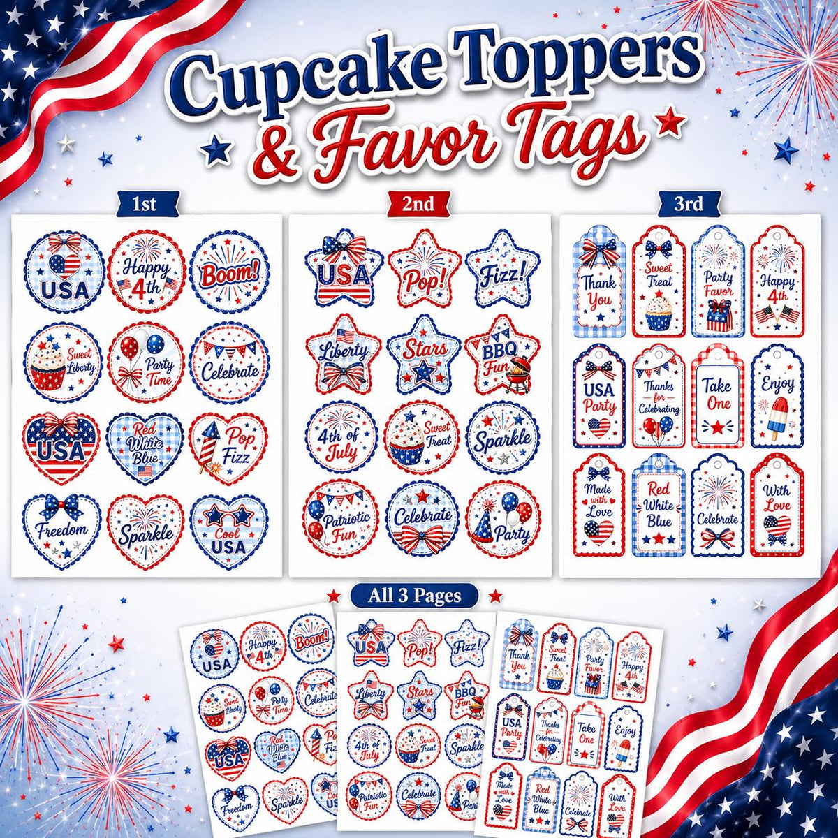 4th of July Cupcake Toppers and Favor Tags Printable, Patriotic Party Decorations, USA Party Decor, Independence Day Treat Tags PDF