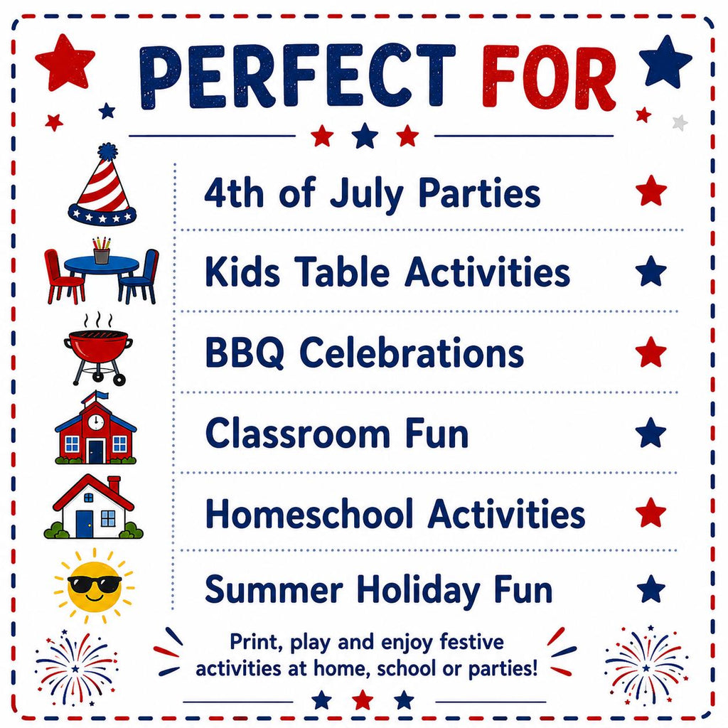 4th of July Activity Pack Printable, Kids Independence Day Worksheets, Patriotic Coloring Placemat, USA Party Games, Summer Activities PDF