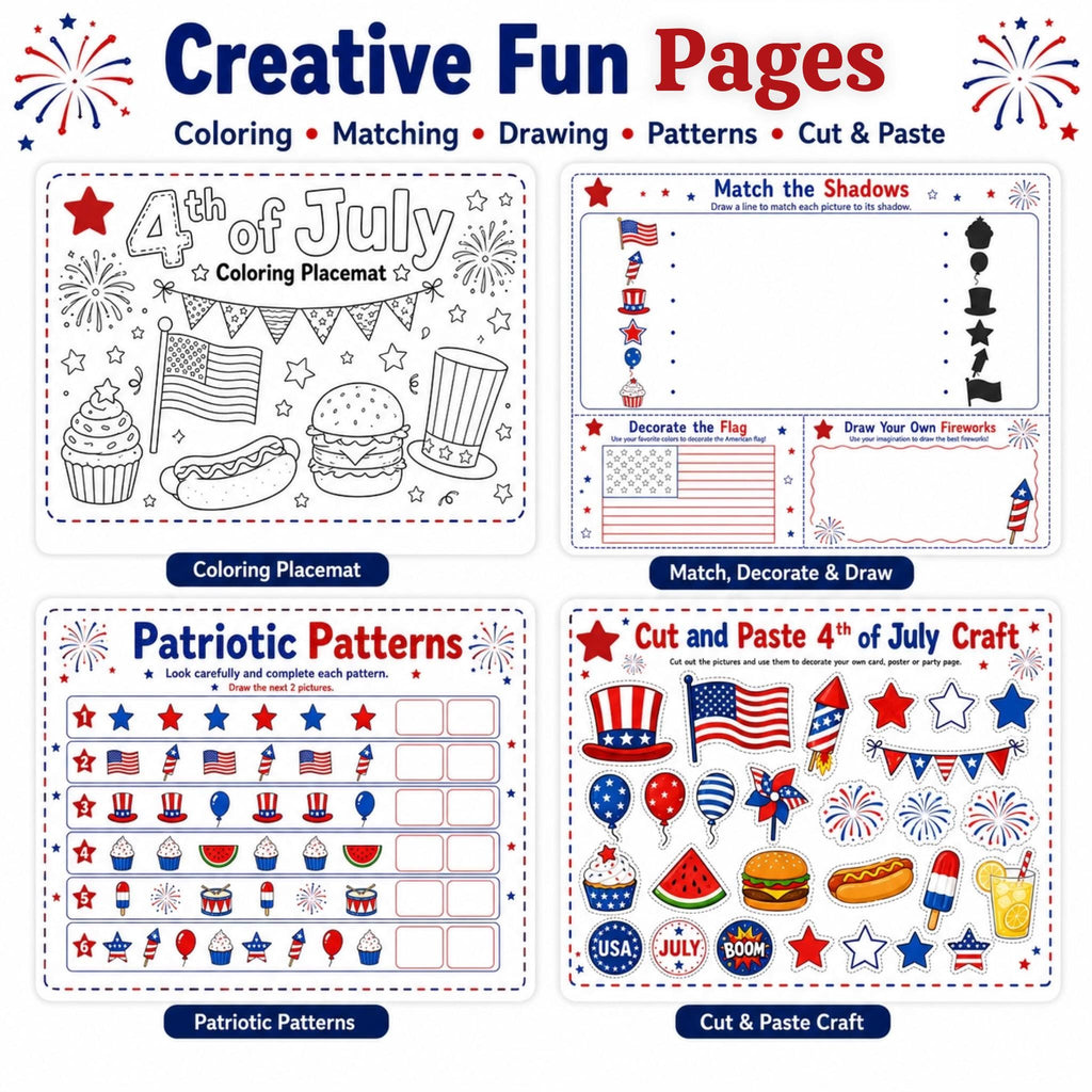 4th of July Activity Pack Printable, Kids Independence Day Worksheets, Patriotic Coloring Placemat, USA Party Games, Summer Activities PDF