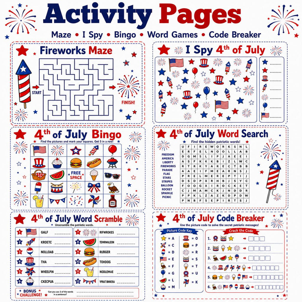 4th of July Activity Pack Printable, Kids Independence Day Worksheets, Patriotic Coloring Placemat, USA Party Games, Summer Activities PDF