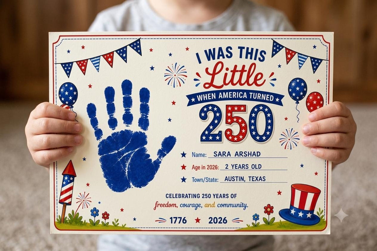 America 250 Handprint Keepsake Printable, 4th of July 2026 Baby Toddler Craft, I Was This Little USA 250