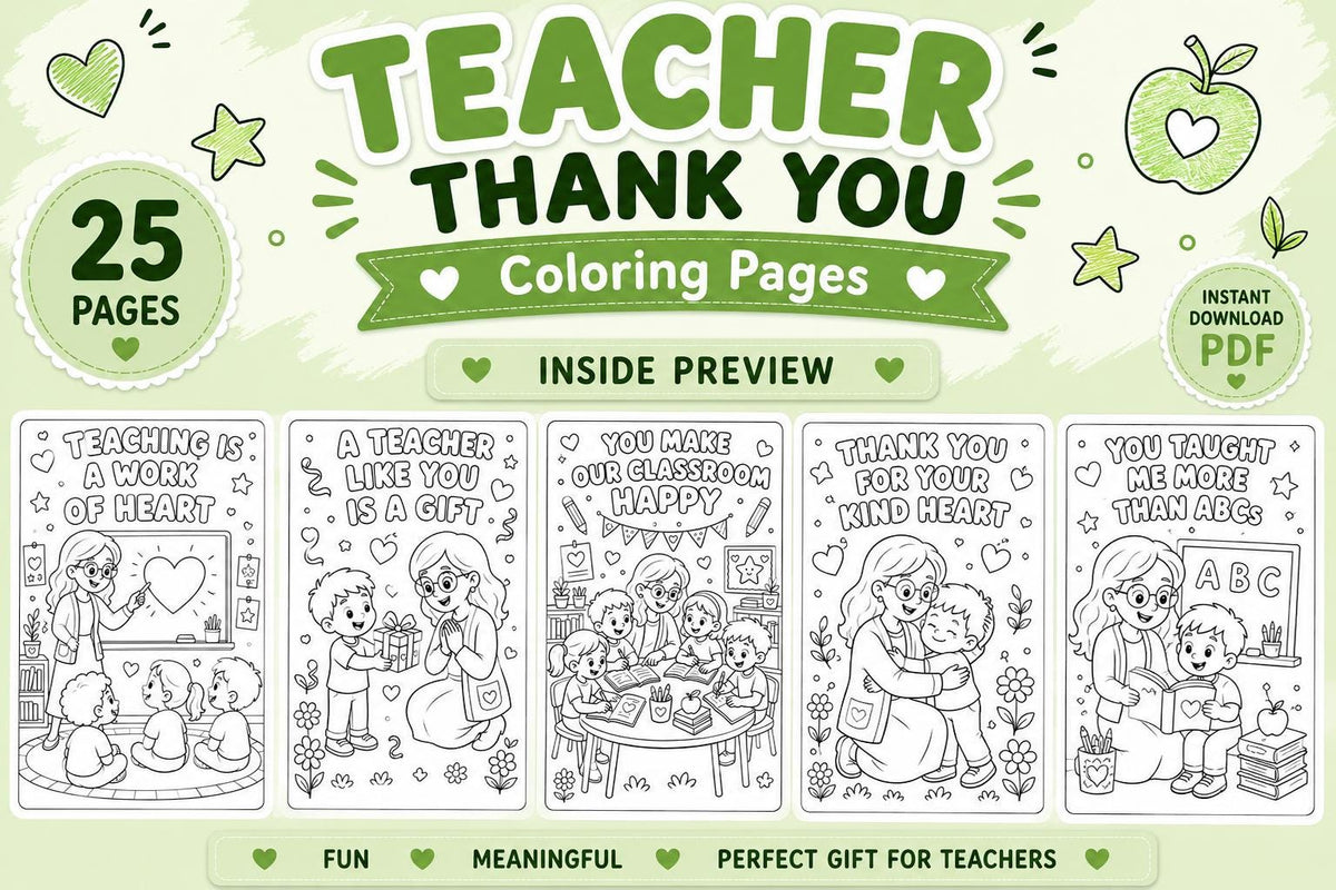 Teacher Thank You Coloring Pages Printable, Teacher Appreciation Coloring Book, End of Year Teacher Gift, School Coloring Activity, 25 Pages