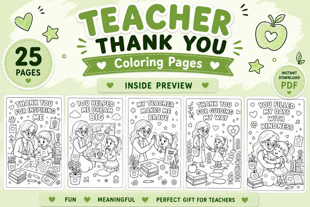 Teacher Thank You Coloring Pages Printable, Teacher Appreciation Coloring Book, End of Year Teacher Gift, School Coloring Activity, 25 Pages
