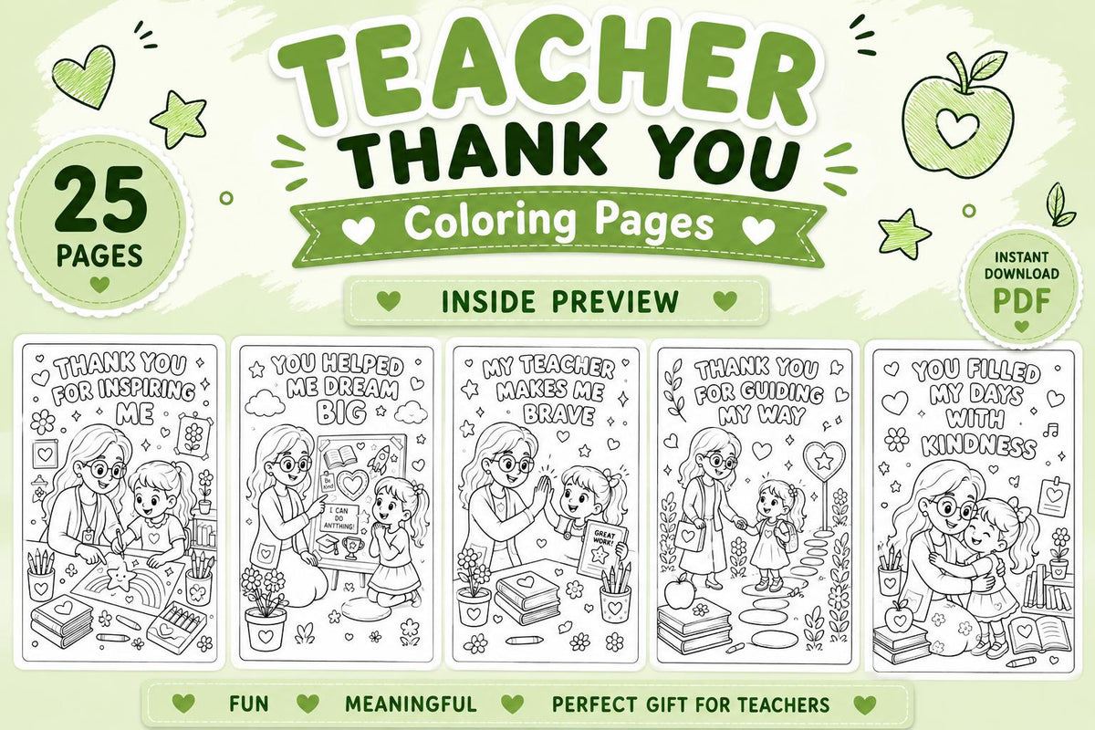 Teacher Thank You Coloring Pages Printable, Teacher Appreciation Coloring Book, End of Year Teacher Gift, School Coloring Activity, 25 Pages