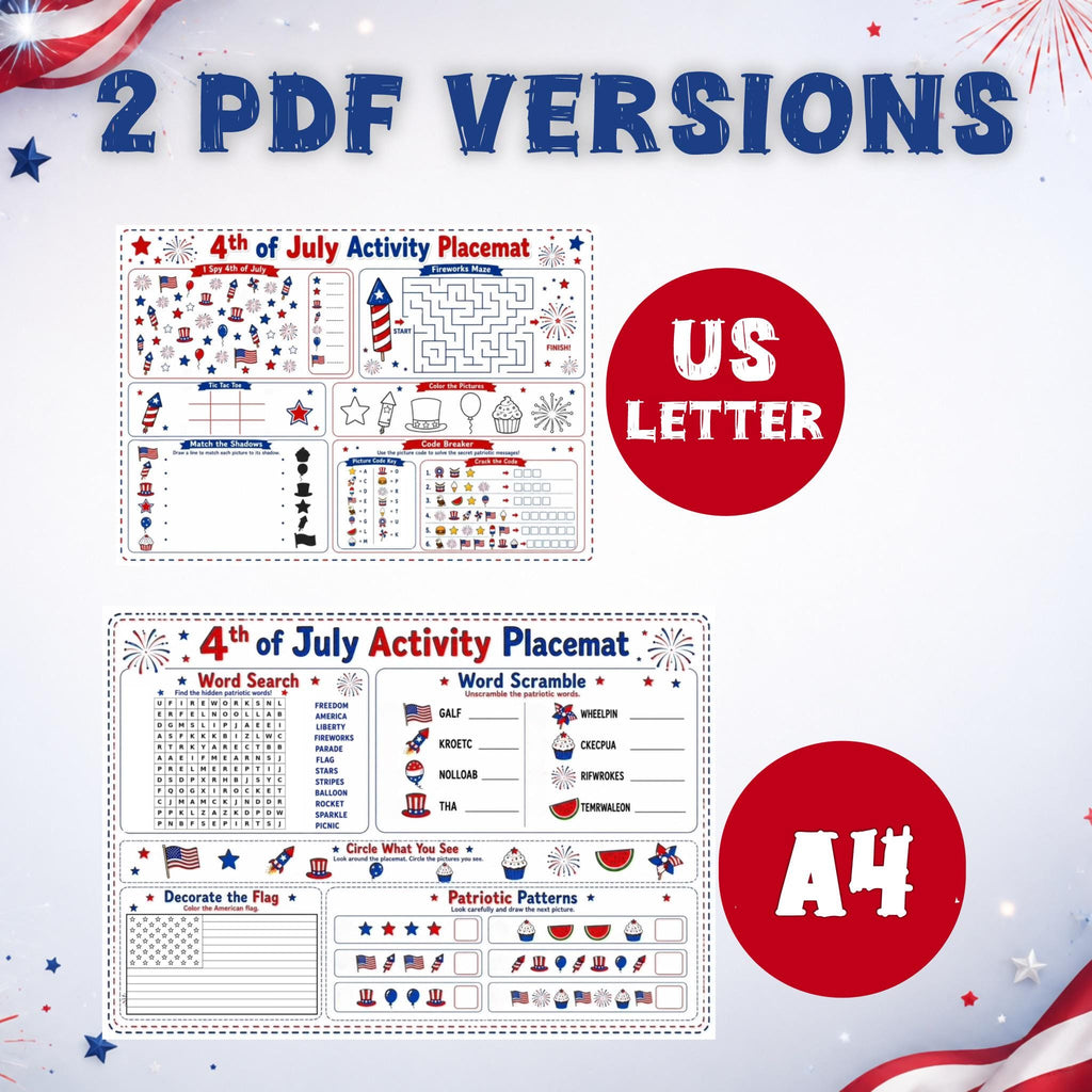 4th of July Activity Placemats Printable, Kids Patriotic Games, Independence Day Placemat, A4 US Letter PDF, Digital Download