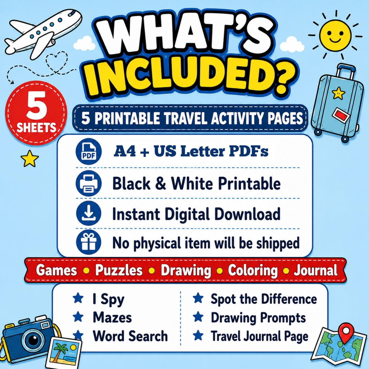 Holiday Travel Activity Pack Printable, Kids Road Trip Games, Airport & Plane Activities, Flight Activities, Puzzle Sheets, Travel Journal
