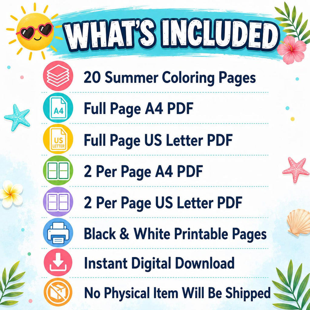 Summer Coloring Pages Printable, Kids Summer Colouring Book, Ice Cream Coloring Sheets, Summer Activity Pages, Digital Coloring Pages PDF