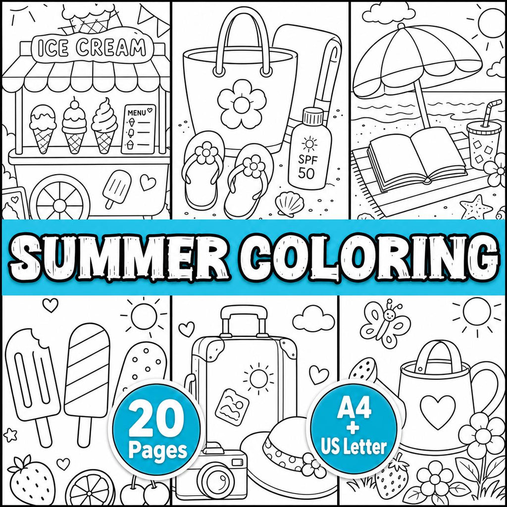 Summer Coloring Pages Printable, Kids Summer Colouring Book, Ice Cream Coloring Sheets, Summer Activity Pages, Digital C