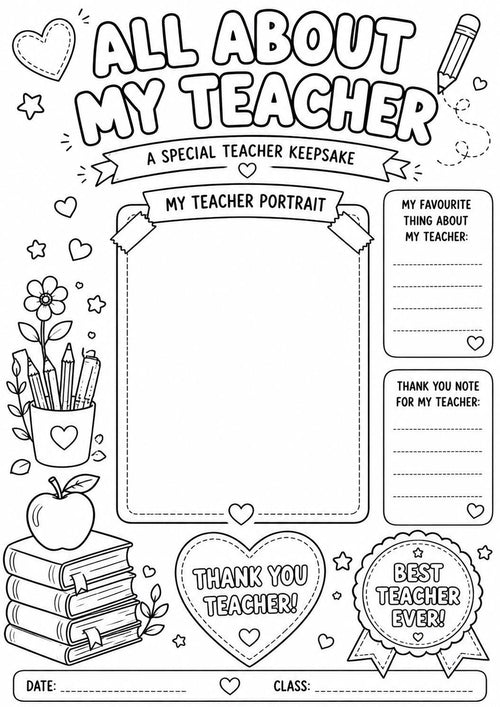 Teacher Appreciation Printable, All About My Teacher Worksheet, Thank You Teacher Coloring Page, Best Teacher Award, Teachers Day Gift Idea