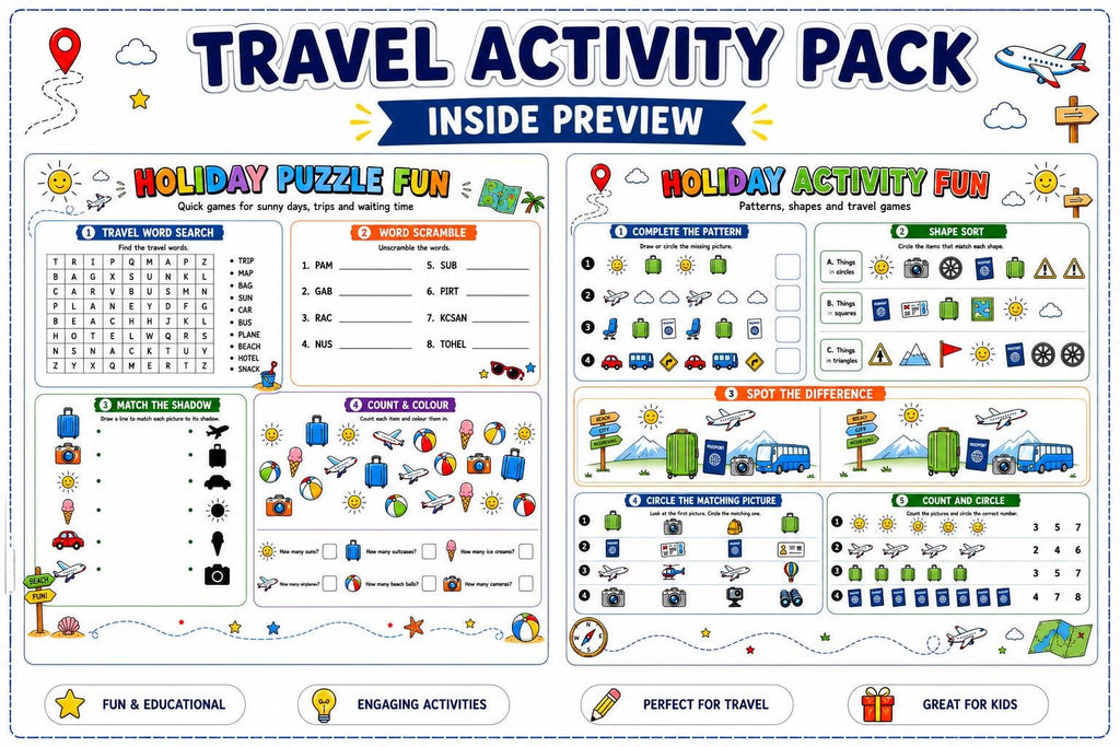 Travel Activity Pack Printable for Kids, Road Trip Activities, Airplane Travel Games, Vacation Activity Book, I Spy, Mazes, Word Search PDF