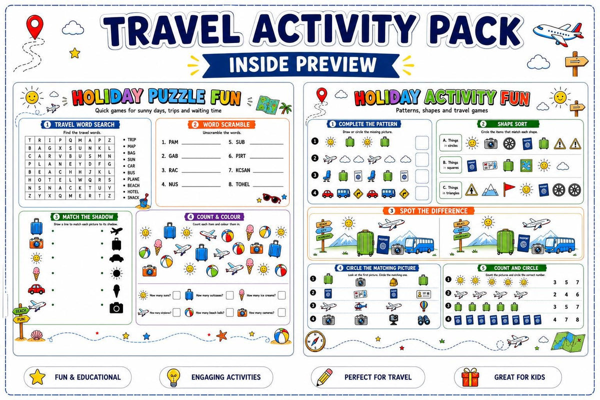 Travel Activity Pack Printable for Kids, Road Trip Activities, Airplane Travel Games, Vacation Activity Book, I Spy, Mazes, Word Search PDF