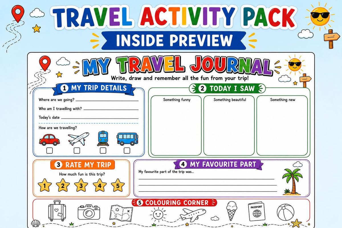 Travel Activity Pack Printable for Kids, Road Trip Activities, Airplane Travel Games, Vacation Activity Book, I Spy, Mazes, Word Search PDF
