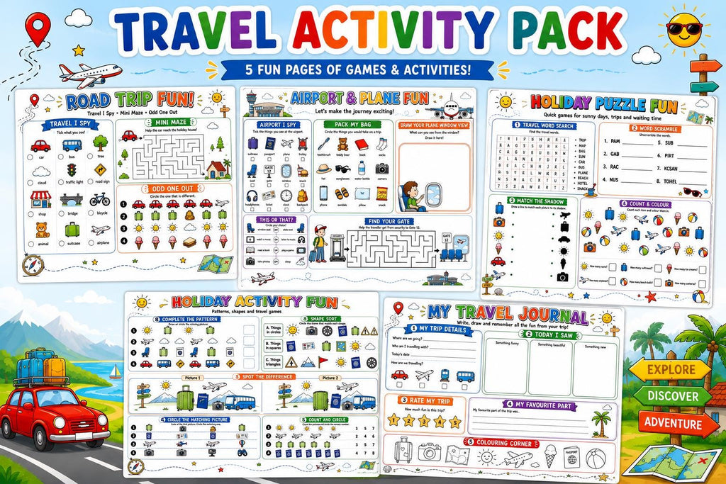 Travel Activity Pack Printable for Kids, Road Trip Activities, Airplane Travel Games, Vacation Activity Book, I Spy, Maz