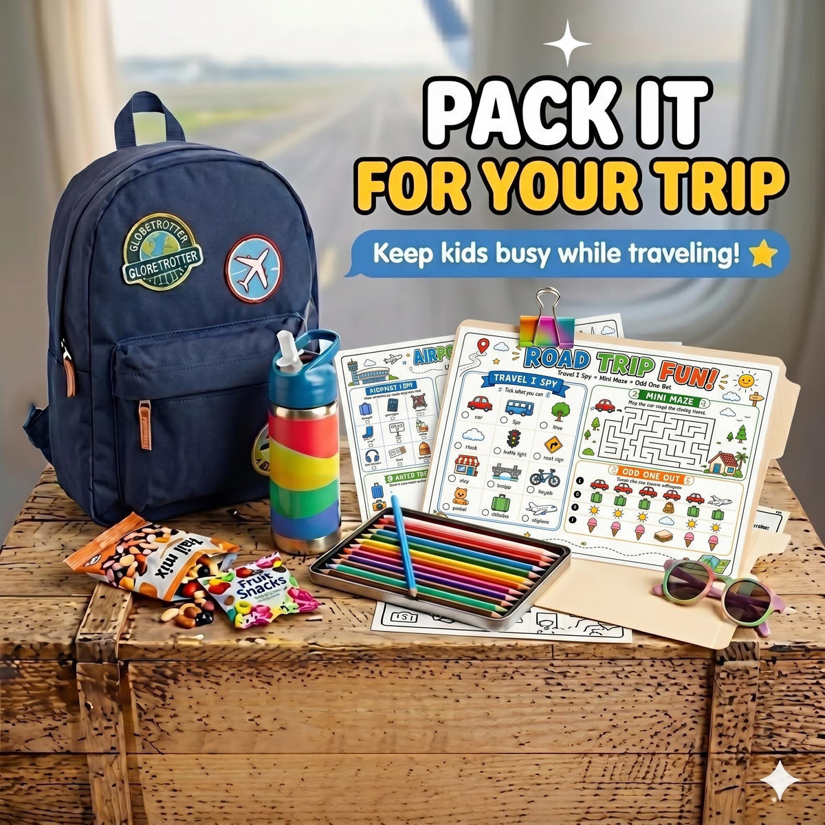 Travel Activity Pack Printable for Kids, Road Trip Activities, Airplane Travel Games, Vacation Activity Book, I Spy, Mazes, Word Search PDF