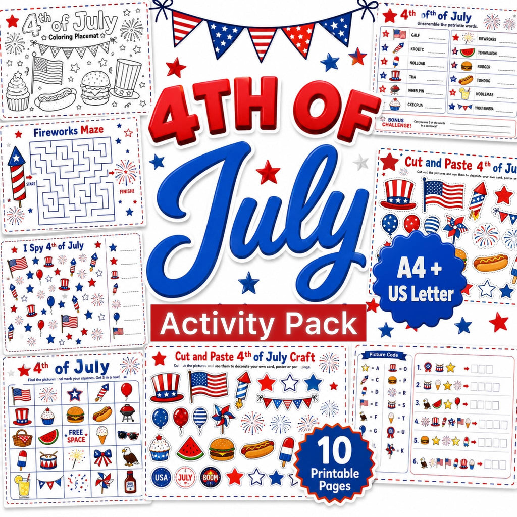 4th of July Activity Pack Printable, Kids Independence Day Worksheets, Patriotic Coloring Placemat, USA Party Games, Sum