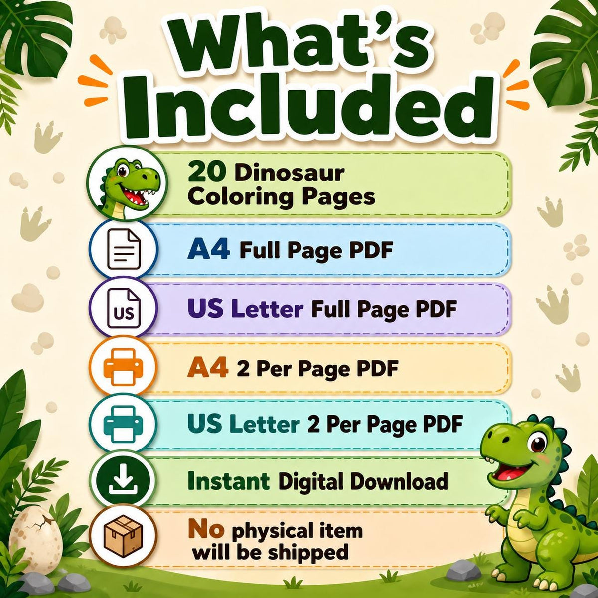 Dinosaur Coloring Pages Printable for Kids, T Rex Triceratops Dino Coloring Book PDF, Cute Dinosaur Activity Sheets, A4 US Letter