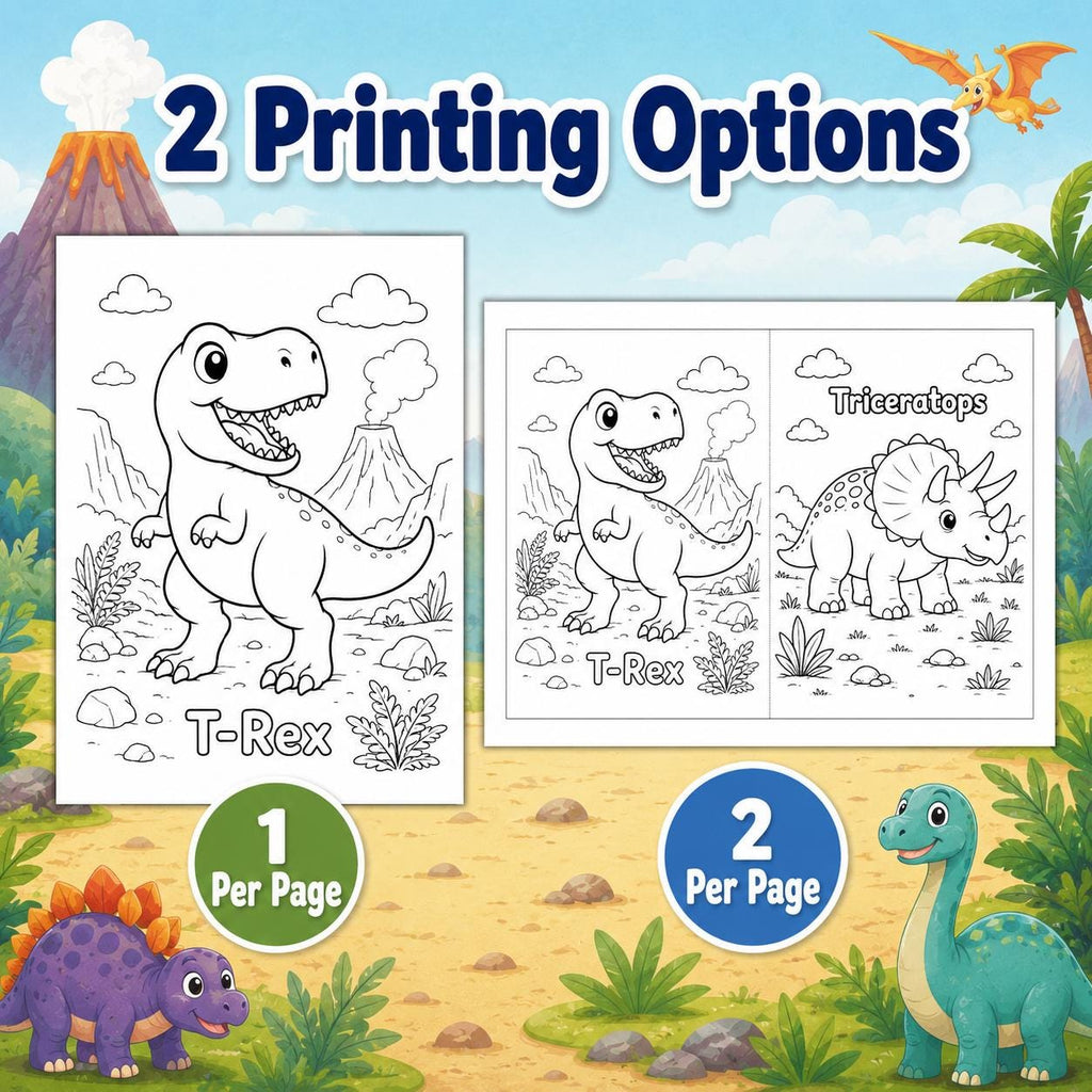 Dinosaur Coloring Pages Printable for Kids, T Rex Triceratops Dino Coloring Book PDF, Cute Dinosaur Activity Sheets, A4 US Letter